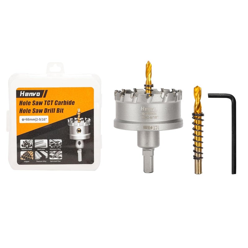 Henvo Hole Saw 2-9/16" (66mm) Heavy Duty Carbide with 2 Pilot Drill Bits - Metal Hole Cutter Cuts Stainless Steel, Iron, Copper, Brass, Plastic - Image 1